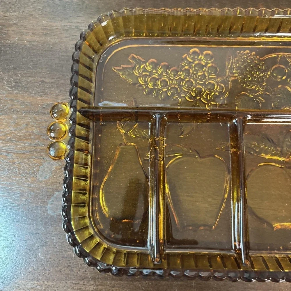 Vtg Indiana Glass Golden Amber Fruit Embossed 5 Part Divided Relish Tray Platter